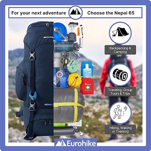 Eurohike Nepal 65 Litre Rucksack with Ventilated Back Panel & Padded Harness, 65L Backpack, Bag for Men & Women, Adjustable, Lightweight, Camping, Hiking, Trekking, Travelling, Outdoors, Blue — view 6