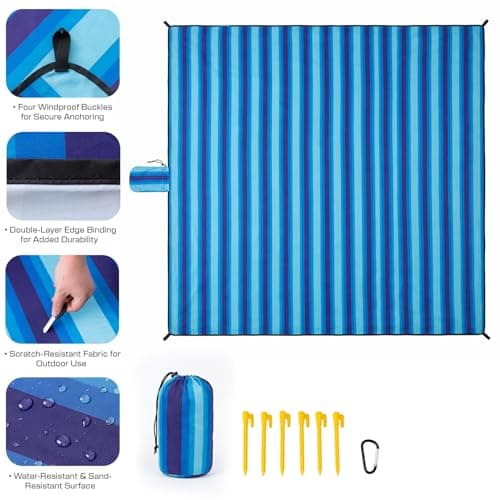 Beach Blanket Sandproof Waterproof,274 x 305 cm Extra-Large Beach Mat with Stakes &Travel Bag,Lightweight,Quick Dry,Portable Picnic Mat Beach Essentials for Outdoors,Cruise,Picnic &Camping,Blue Stripe — view 2
