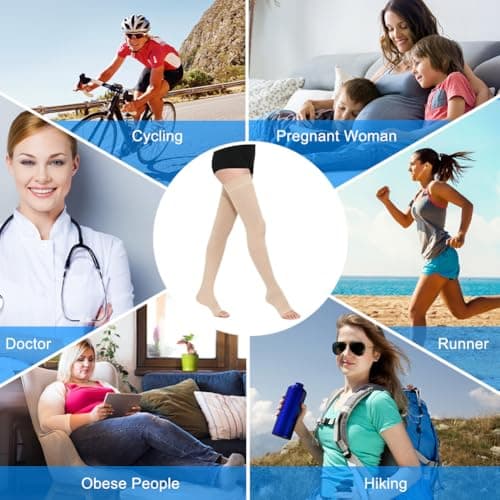 AOGOE Medical Open Toe Thigh High Compression Socks for Women & Men, 23-32 mmHg Open Toe Support Stockings with Anti-Slip Silicone Band, Graduated Compression Socks for Varicose Veins, Edema, Flight — view 6