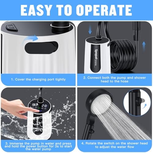 Spopal Portable Shower for Camping, [Upgraded] 10000mAh Rechargeable Camping Shower Pump with LED Display, 5 Adjustable Speeds, IPX8 Waterproof Outdoor Shower Kit for Hiking, Travel, Car, Pet (White) — view 5