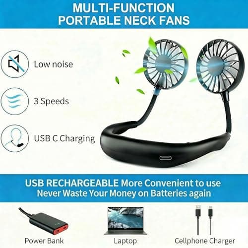 Portable Neck Fan, Hand Free Personal Hanging Neck Sports Fan USB Rechargeable (3 Speed Adjustable) Wearable Cooling Head Fan,360 Degree Free Rotation for Traveling, Sports, Office, Reading (Black) — view 2