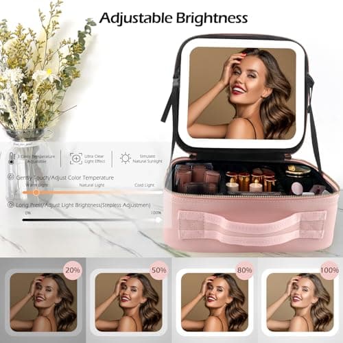 MOMIRA Travel Makeup Bag Cosmetic Bag Makeup Organizer Bag with Lighted Mirror, Adjustable Brightness in 3 Color Scenarios, Waterproof Makeup Train Case, Gift for Women - Pink — view 4