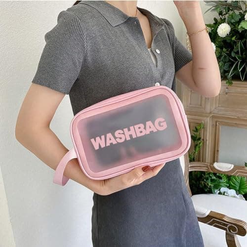 Aucuu 4PCS Clear Toiletry Bag, Wash Bag, Clear PU Makeup Bag, Waterproof Toiletry Travel Bag with Zipper Handle, Portable Airport Cosmetic Bag for Travel Bathroom Men Women (Pink) — view 5