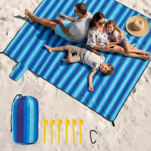Beach Blanket Sandproof Waterproof, 213 x 244 cm Large Beach Mat with Stakes & Travel Bag, Lightweight,Quick-Dry, Portable Picnic Mat Beach Essentials for Outdoors,Cruise,Picnic & Camping, Blue Stripe