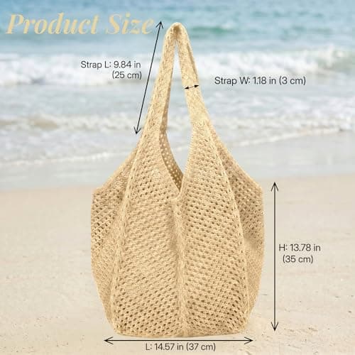 YANFALE Crochet Beach Bag, Holiday Beach Bags for Women, Mesh Beach Tote Bag, Foldable Summer Handbag, Hollow Woven Boho Shoulder Bags for Travel, Daily Work, Shopping (Beige) — view 5