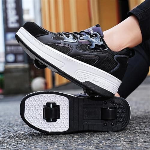 Surwin Roller Skates for Girls Boys, 2 in 1 Kids Roller Skates, Student Detachable Adult Retractable Skating Shoes, Roller Shoes with 2 Wheels, for Outdoor Sports Walking, Black — view 2