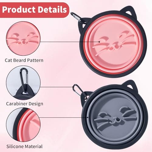 SLSON Silicone Collapsible Dog Bowl, 2 Pack Portable Dog Travel Bowl, Cute Cat Pattern Pet Feeding Bowl 750ml Large Foldable Food & Water Bowl with Carabiner (Pink+Grey) — view 5