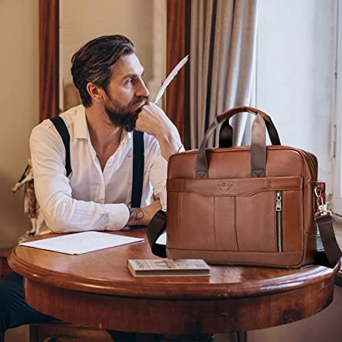 BAGZY Unisex Vintage Genuine Leather Laptop Briefcase for Mens Women Shoulder Bag Messenger Handbag Business Document Bag Satchel Rucksack 14 inches Laptop Bag for Office Work Travel College Coffee… — view 2