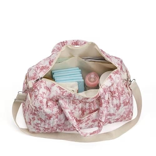 GSenhui Quilted Duffle Bag for Women Cute Baby Hospital Bag Floral Duffel Bags (Pink Floral-2) — view 3