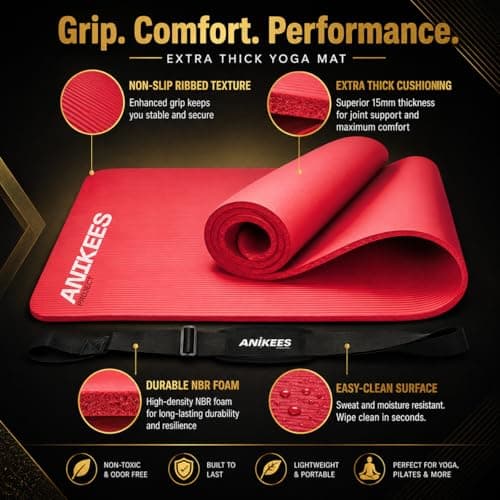 ANIKEES Extra Thick Yoga Mat, 183 x 60 cm, Multi-Purpose, NBR Foam Exercise mat, For Yoga, Pilates stre,tching, resistance work outs (Red) — view 4