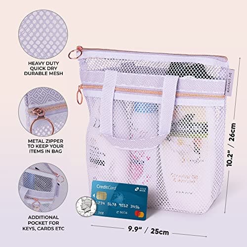 DV Lifestyle Mesh Shower Bag 25 x 26cm Caddy with Zipper & 2 Pockets. Quick-Dry Portable Toiletry Tote for Bathroom, Gym, Travel, Camp, Beach, for Sunscreen, Dorm & College Essentials (Light Gray) — view 2