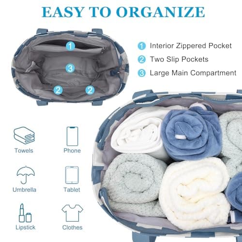 VASCHY Beach Bag for Women, Foldable Waterproof Sandproof Beach Tote with Zipper/Mesh Pockets for Vocation/Cruise/Gym/Travel Stripped Blue White — view 4