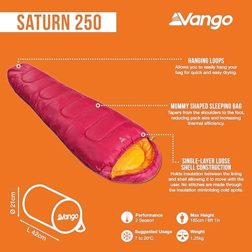 Vango Saturn 250 Single Sleeping Bag for Adults [Amazon Exclusive], 2 Season, Mummy Design Holds Insulation, Smaller Pack Size for Camping Trips, Festivals, Outdoors, Raspberry — view 2