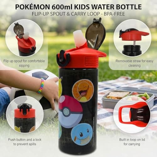 HOX Collection Pokémon 600ML Flip Up Straw Drinks Bottle Reusable BPA-free Plastic Water Bottle with Carry Loop Removable straw & spills Proof Pokémon licensed Merchandise, Black — view 2
