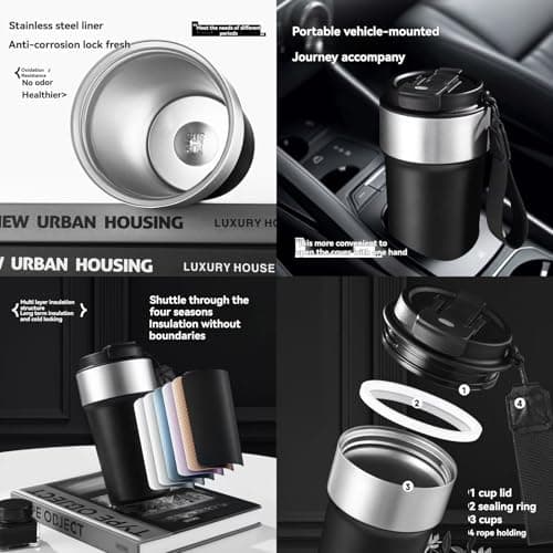 Maideduo Insulated Travel Mug 510ml,Leakproof Stainless Steel Thermal Coffee Cup with Carry Strap, 3 Drinking Modes, Keeps Hot/Cold for Hours, Car Office Commute Mug, Gift Idea(red) — view 3