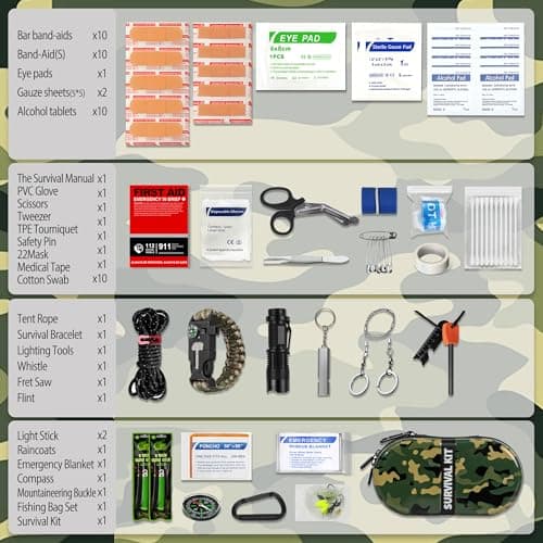 Survival Kit,74 Piece Survival Gear First Aid Kit,Waterproof Emergency Medical Kit Earthquake, Outdoor Adventure, Hiking, Hunting,Camping,Present for Men Women(Camouflage Green) — view 2