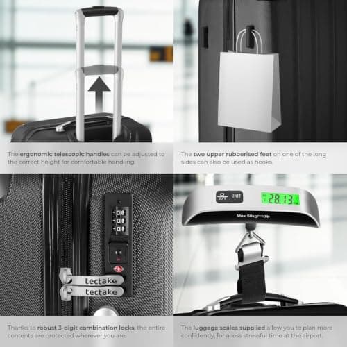 tectake® 3-Piece Hard Shell Suitcase Set in Durable & Shock-Resistant ABS with 3-Step, Telescopic Handles, Combination Locks, Smooth 360° Wheels, Luggage Scale & Tags, Dividable Interiors - Black — view 4