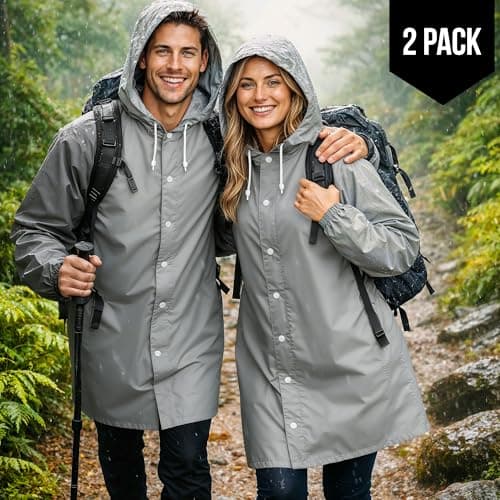 REDSTAR 2 Pack of Rain Ponchos - Long Rain Poncho Waterproof Adult Raincoats with Hood - Reusable Rain Coats for Women or Rain Coats for Men -Packable Rain Jacket for Festival Accessories (Grey) — view 3