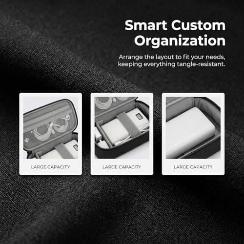 Solvio Electronics Organiser Bag, Rigid Travel Tech Pouch Bag with Handle, Waterproof Shockproof Cable Storage Case with Removable Dividers for Chargers, Cords, Power Bank, Hard Drive, Black — view 4