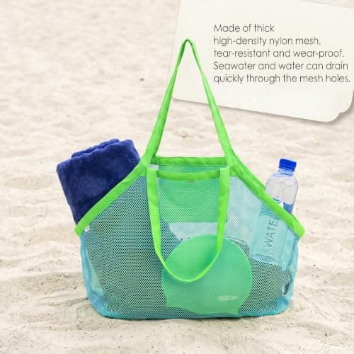 Large Mesh Beach Bag,Beach Toy Bag for Kids,Mesh Beach Bags,Foldable Toys Net Tote Bags Waterproof Lightweight for Sand Storage for Wet Towels Swim Pool Travel Essentials Accessories (40x24x38 cm) — view 5