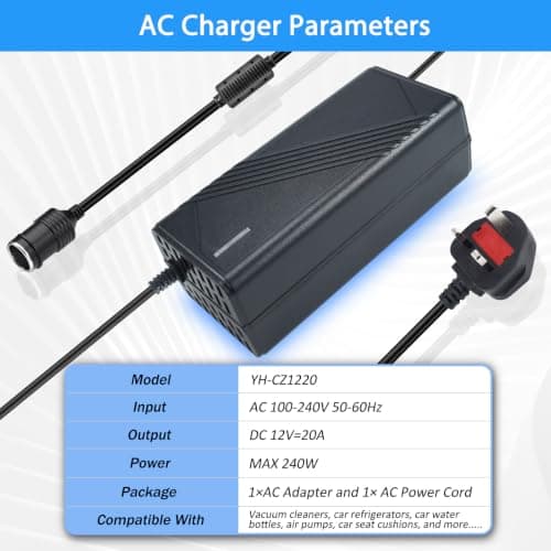 220V to 12V Adapter 20A 240W - UK 3-Pin Plug AC to DC Car Power Converter, Cigarette Lighter Socket for Vehicle Refrigerator, Tire Inflator, Automotive Vacuum & Road Trip/Home Use — view 2