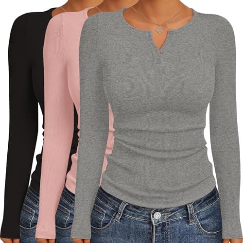 Ekouaer Womens Thermal Long Sleeve Henley 3 Pack Pink/Black/Light Gray M