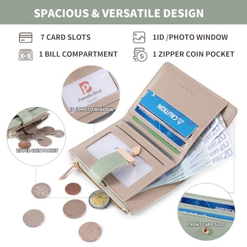 Pomelo Best Women's RFID Wallet - Vegan Leather Bi-fold Small Ladies Purse with Zipper Coin Pocket & ID Window - Leaf Charm Compact Wallet for Women — view 3