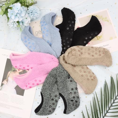 VEGCOO 5 Pairs Fluffy Slipper Socks Women, Non-slip Totes Slipper Socks UK 4-7 for House Floor Bed Sleeping Yoga(Black/Dark Grey/Dark Khaki/Dark Blue/Dark Pink) — view 3