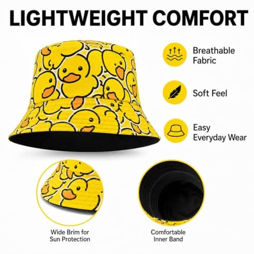 WHJYCC Rubber Duck Print Reversible Bucket Hat UPF50+ Sun Protection - Wide Brim Foldable Summer Hat, Lightweight Breathable Cotton Blend Fisherman for Women and Men, Beach Travel Festival — view 6