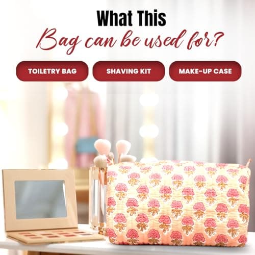 BLOCK N STYLE Cotton Toiletry Bag, Floral Print Travel Organiser, Orange, 23.5 x 17.5 x 11.4 cm — view 4