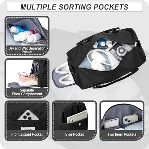 HYC00 Gym Bags Women Men Sports Duffle Bag with Shoes Compartment & Wet Pocket,Travel Duffel Bags for Women Large Weekend Overnight Holdall for Hospital Swimming Carry on Hand Luggage Bag,Black — view 3