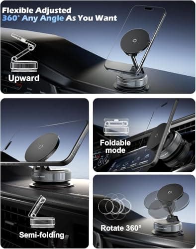 15W Magnetic Wireless Car Charger Mount, Fast Charging Car Phone Holder Charger with Strong Magnetic & 360° Adjustable Dashboard Mount, Compatible with i-Phone 16/17/15/14/13/12 Pro Max — view 2