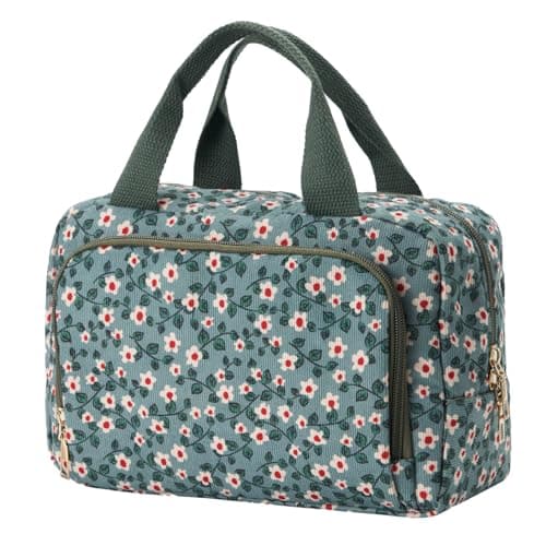 Funtlend Toiletry Bag for Women & Girls,Corduroy Makeup Bag with Compartments & Handle,Travel Wash Bag & Cosmetic Organiser for Skincare and Storage(Medium)