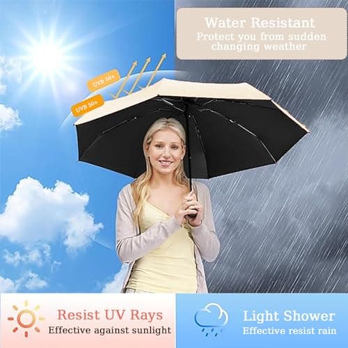 Shunshi Folding Travel Umbrella, 6 Ribs Folding Sun Anti-UV Windproof Rain Umbrella,Fast Dry,Portable Pocket Lightweight Small Compact Umbrella with Capsule Case for Men Women Teens (Beige) — view 5