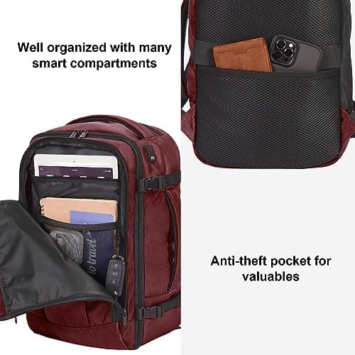 ECOHUB Ryanair Cabin Bag 40x20x25 Underseat Travel Bag 9 Pockets Hand Luggage Backpack Recycled PET Eco Friendly Rucksack for Women & Men Carry on Bag with USB Port, 20L, RED — view 6