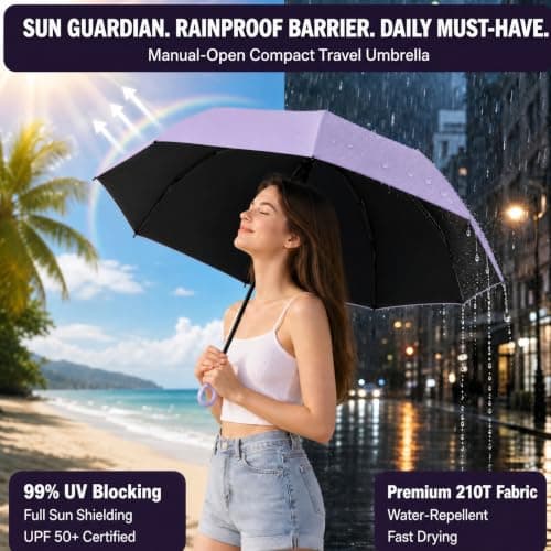 HUA JET Mini Umbrella for Women - UPF 50+ UV Protection, Sun & Rain Dual Use, Ultra-Compact Pocket Size, Lightweight Foldable Travel Umbrella with Case, Portable Shade for Beach, Commute (Purple) — view 3