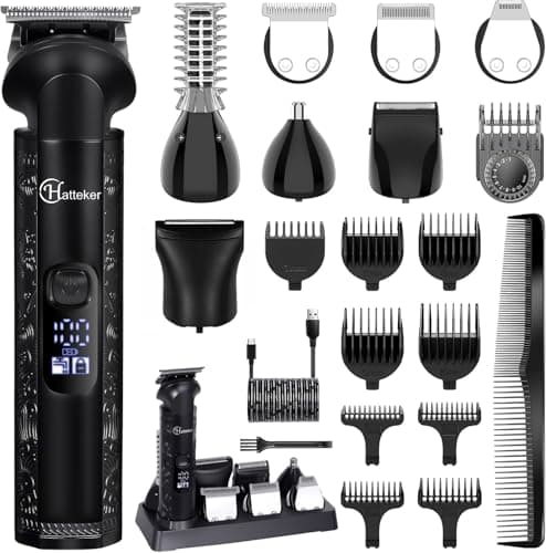 Hatteker 8-in-1 Professional Men's Grooming Kit Cordless Beard Trimmer Hair Clipper Zero Gapped T-Blade Electric Razor Nose Ear Body Trimmer IPX7 Waterproof, Precision Trimming for Bald Head/Oil Head