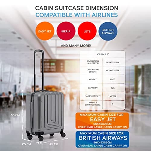 Flight Knight Premium Hard Shell Lightweight Cabin Suitcase - 8 Spinner Wheels - Built-in TSA Lock & USB Port - Luggage Approved for Airlines Including easyJet Large Cabin - 56x45x25cm — view 3