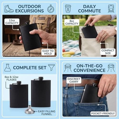 2 Pack Stainless Steel Flasks for Outdoor Activities, Includes 8 Ounce and 12 Ounce Black Flasks Hip Flasks, Portable Drinking Containers for Camping and Hiking — view 3