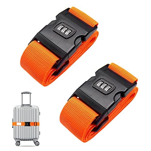 Luggage Strap, 2pcs Suitcase Straps with Password Lock Information Card, Adjustable Travel Packing Accessories Suitcase Belts with Buckle (Orange, 2 PCS Set)