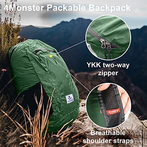 4Monster Packable Backpack Ultra Lightweight, Foldable Backpack Water Resistant, Hiking Daypack for Travel Camping Outdoor, Daily Walk-around, Cycling, Sports, Excursions(ArmyGreen, 16L) — view 5