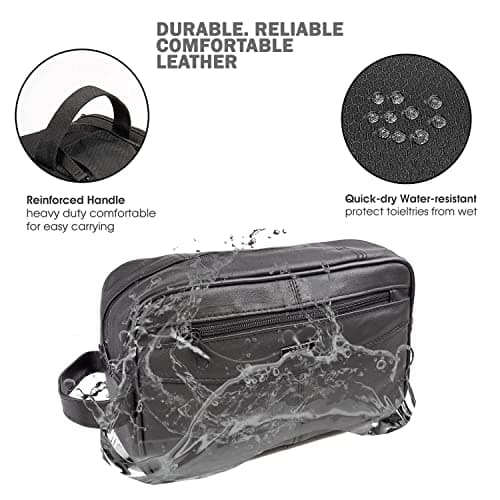 Men's Genuine Leather Toiletry Bag Travel Toiletry Bag Shaving Bag Cosmetic Organizer Gift for Men Women One Black Zipper — view 5