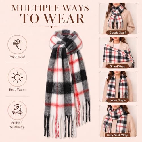 Fjquamitix Womens Blanket Scarves Winter Warm Tartan Plaid with Fringes — view 5
