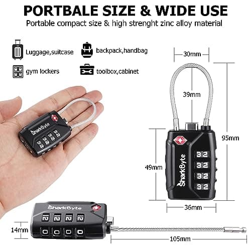 SharkByte TSA Approved Suitcase Locks - 4-Dial Security Travel Combination Padlock, Flexible Cable Wire Travel Lock for Suitcases, Luggage Locks, Travel Bag Gym Locker Small PadLock with code (2 Pack) — view 4