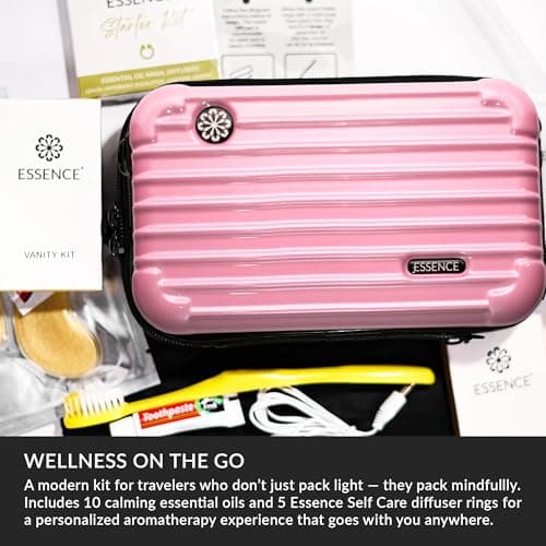 Essence Travel Amenity Kit | Travel Essentials & Travel Size Toiletries Kit | 5-Pack Nasal Diffuser Rings, Sleep Mask, Lotion & Hygiene Kit | Travel Toiletry Kit for Women | Pink Case — view 2