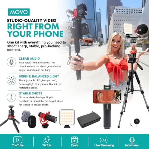 Movo iVlogger-PRO Vlogging Kit with Full Tripod for iPhone/Android - YouTube Starter Kit for Content Creators - Accessories: Phone Tripod, Phone Mount, RGB Light and VXR10 Shotgun Mic — view 2