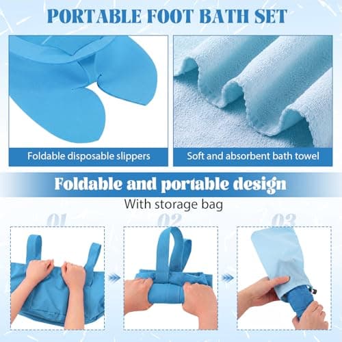 FillTouch 6 Sets Foldable Foot Bath Kit 15L Collapsible Foot Soaking Tub Bathroom Towels Women Adult Foldable Slippers with Storage Bag Spa Soak Pedicure Bath for Travel Camping(Sky Blue) — view 4