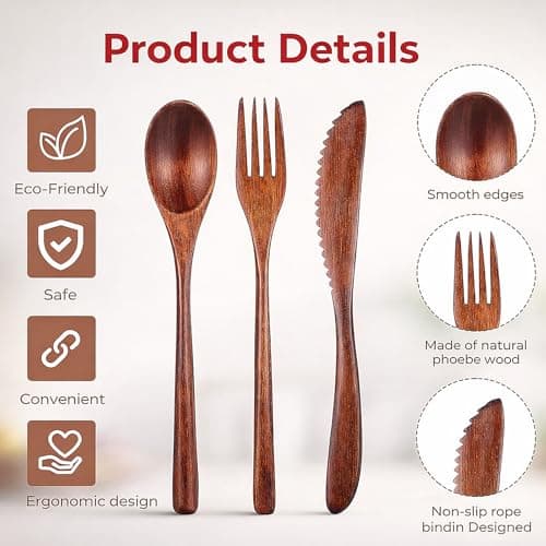 3 Piece Bamboo Travel Cutlery Set Reusable Wooden Spoon Fork Knife with Portable Canvas Pouch Eco Friendly Lightweight Camping Utensils for Lunch Work School Picnic Zero Waste Dishwasher Safe Flatware — view 4
