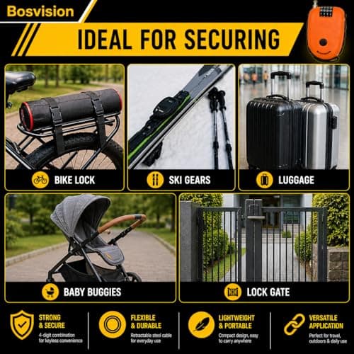 Bosvision Ultra-Secure 4-digit Combination Lock with 90cm Retractable Cable for Bike, Ski, Snowboard and Stroller — view 3