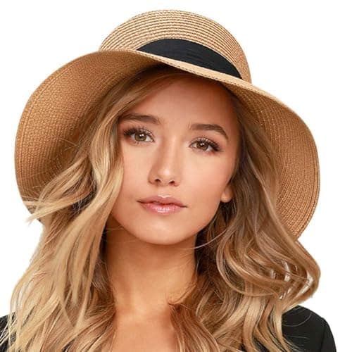 FURTALK Womens Beach Sun Straw Hat Wide Brim UV Protection Travel Hat Brown